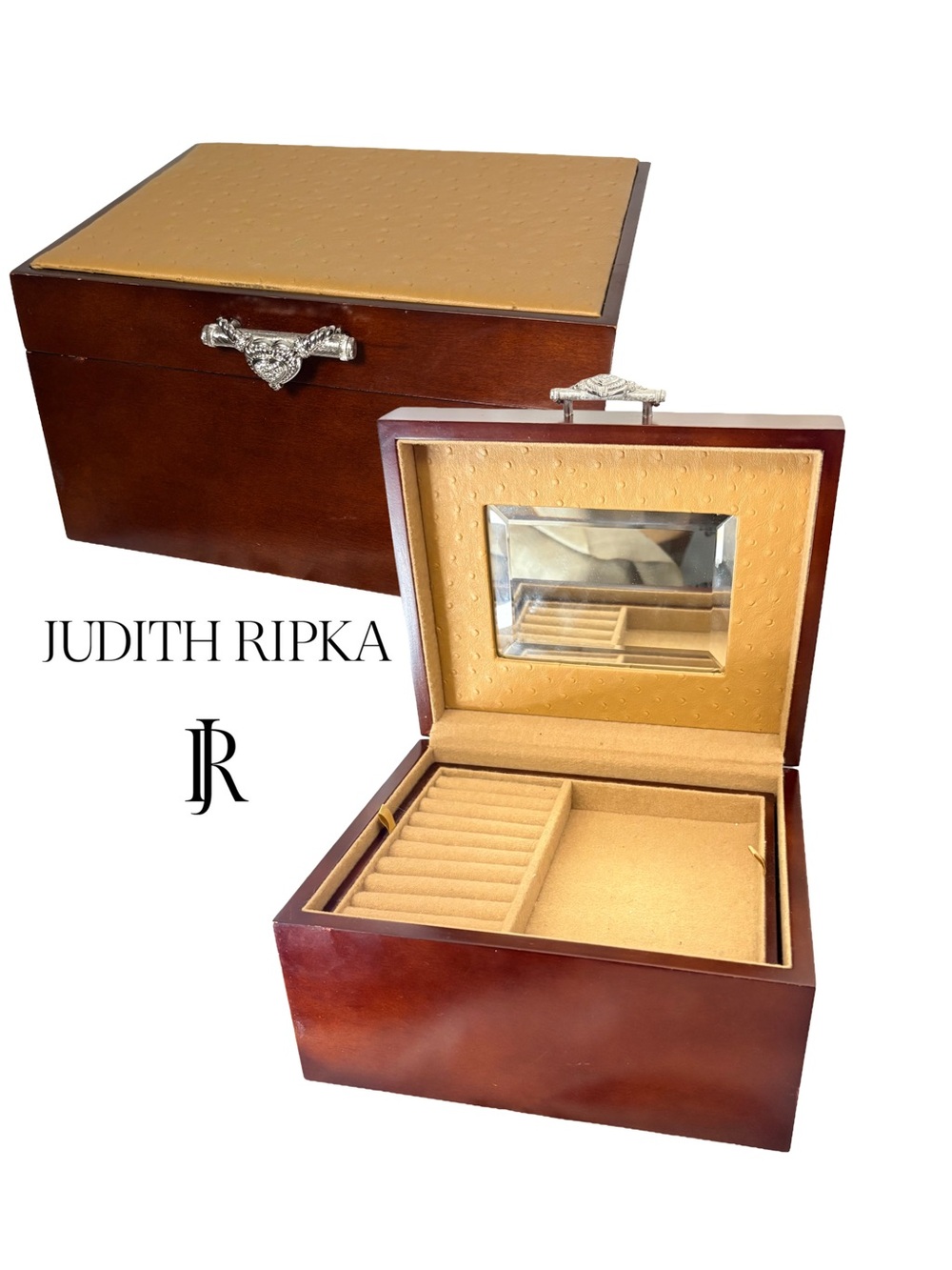 Judith Ripka Wood Jewelry Chest Box Diamonique Heart Handle Faux Ostrich Leather